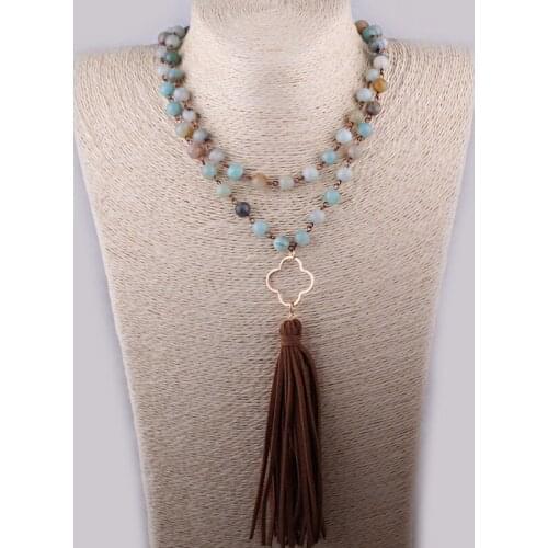 MOODPC Fashion Amazonite Stones Rosary Chain Dia Plum Blossom Link Long Tassel Necklace Handmade Women Natural Stone Necklace