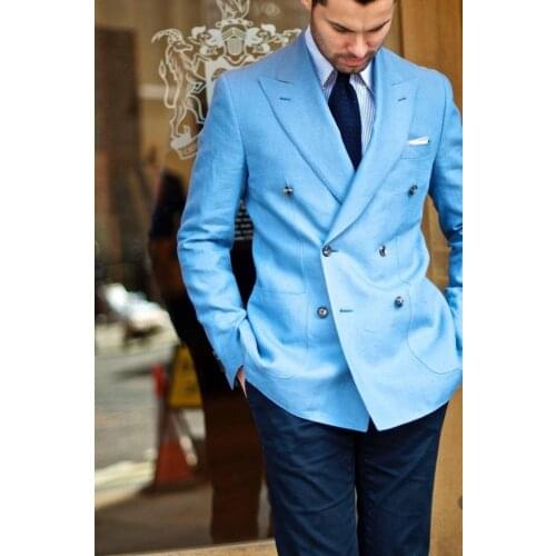 Light Blue Double-Breasted Groomsmen Peak Lapel Groom Tuxedos Men Suits Wedding/Prom Best Man Blazer ( Jacket+Pantst+Tie)