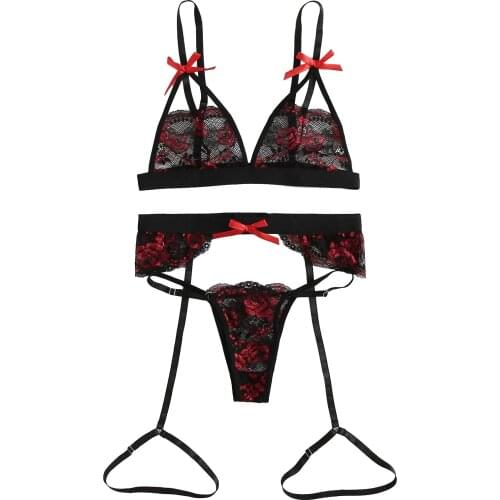 New Rose Embroidered Bowknot Erotic Underwear No Steel Ring Bra Garter Thong 3 Piece Set Perspective Women Sexy Lingerie Set