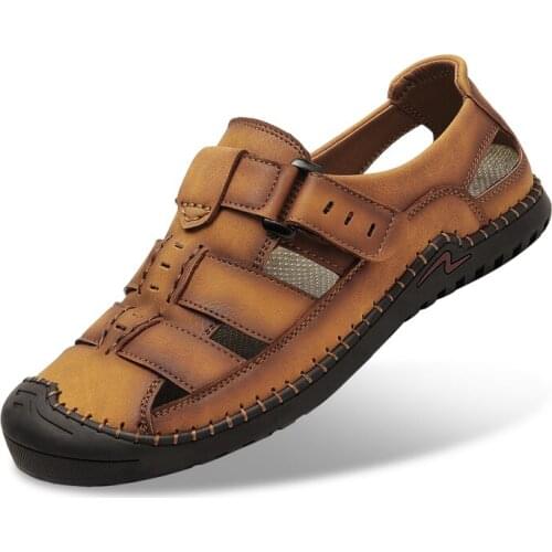 New Summer Shoes Leather Sandals for Men Outdoor Close Toe Beach Sandals Flat Comfortable Fashion Mens Breathable Trekking Shoes