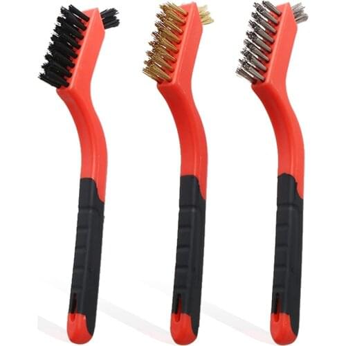 Red Wire Brush Cleaning Brushes Nylon/Brass/Stainless Steel Bristles with Curved Handle Grip for Rust with Deep Cleaning
