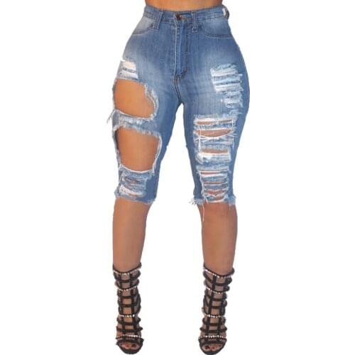 Sexy Tassel Ripped Hole Denim Shorts Women High Elastic Short Jeans Summer Street Women High Waist Knee-Length Pencil Pants