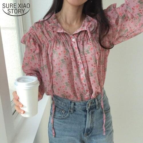2021 Autumn New Long Sleeve Womans Blouses Printed Wild Chiffon Blouse Korean Clothes Vintage Ruffled Pink Shirts Woman 10336