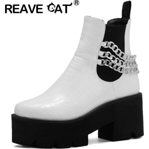 REAVE CAT New 2021 Ladies Ankle Boots Round Toe 7.5cm Block Heels Thick Bottom Patent Leather Platform Chains Big Size 43 A3560