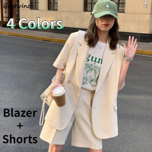 Women Sets 2 Pieces Streetwear Plus Size S-4XL Chic Short Sleeve Loose Blazers High-waist Wide-leg Shorts Korean Style Female