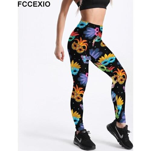 FCCEXIO Women Leggings High Waist Fitness Legging Funny Colorful Masks Print Leggins Female Pants Workout Legging Slim Trousers