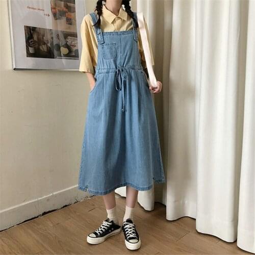 Korean Fashion Denim Suspenders Dresses Women Sleevess Denim Sundress Preppy Style Japanese Cute Vintage Jeans Dress Vestidos