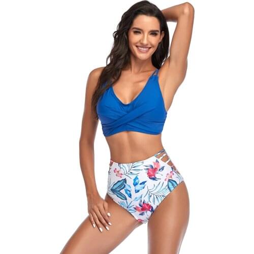 2021 New Style 2 Pcs Set Women High-Waisted Hollowed-Out Swimsuit Blue Leaves Print Sexy Bikini Sets High Waist Pusp-Up Bikinis