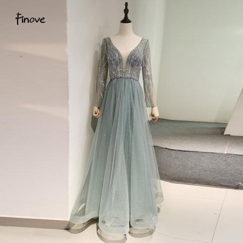 2021 Illusion Evening Dress V-Neck Long Sleeve Beading With Crystal A-Line Prom Gowns Dresses For Woman Finove