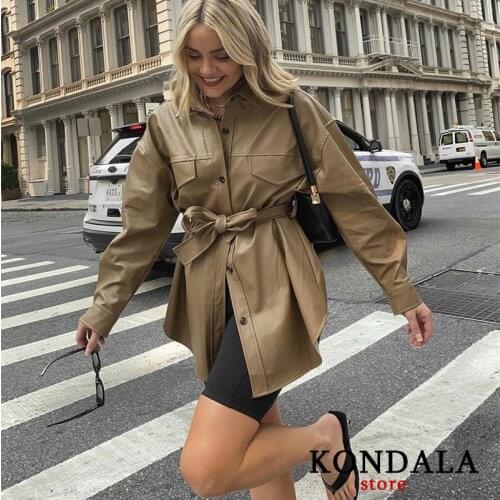 KONDALA Za 2020 Women Fashion Vintage PU Leather Mini Dress Long Sleeve Sashes A-Line Faux Fur Leather Dresses Mujer Vestidos