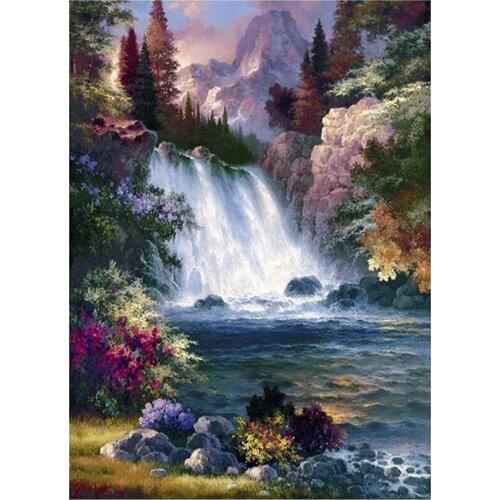 BMBY-DIY Diamond Painting By Numbers Kits, Waterfall Mountain Forest Tree Landscape, Full Drill Rhinestones Paints