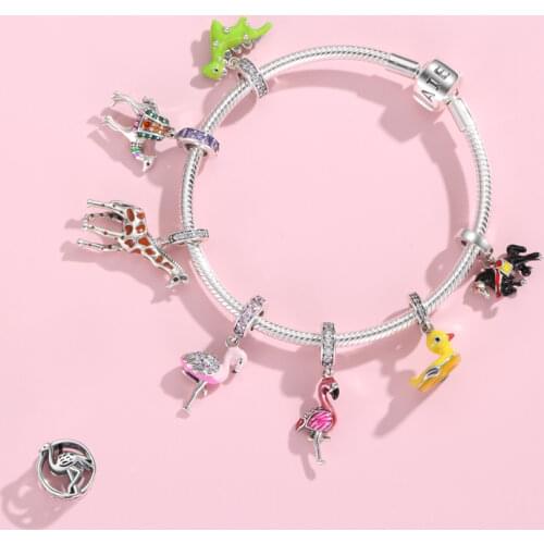 Hot 100% 925 Sterling Silver Enamel Flamingo Little yellow duck Charm Beads Fit Original JIUHAO Charms Bracelets Jewelry Making