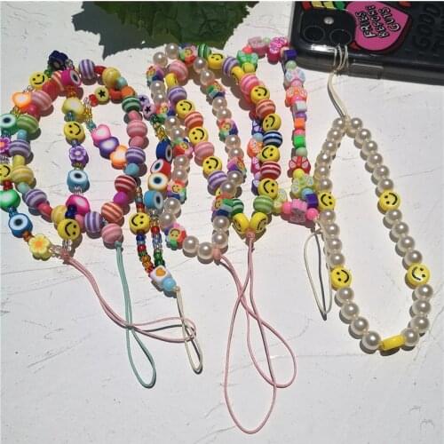 2021 New Ins Trendy Colorful Smiling Beads Chain Mobile Phone Chain Anti-lost Handmade Acrylic Cord Lanyard for Women Jewelry