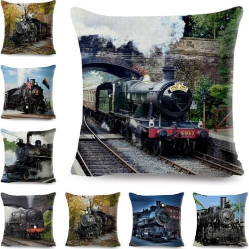 Retro Steam Train Pillow Case Decor Vintage Style Colorful Cushion Cover for Sofa Home Car Polyester Pillowcase 45x45cm