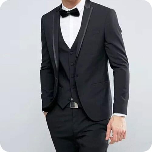 Custom Made Black Men Suits for Wedding Peaked Lapel 3Piece Slim Fit Groom Tuxedos Man Blazers Vintage Coat Pants Costume Homme
