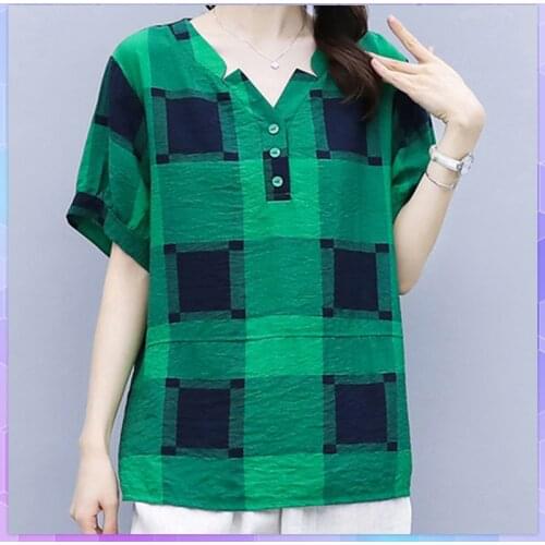 Elegant Plaid Oversized T-shirt Women Cotton Linen Tee Shirts Plus Size Vintage Loose Short-Sleeve Top Ladies Large Size Tops