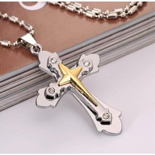 HTZZY New Fashion Couple Necklace for Men and Women Golden Silvery Creative Three-tier Cross Pendant Necklace with Crystal