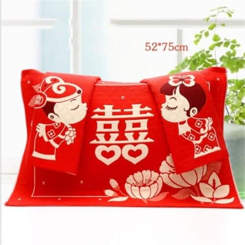 Chinese Element Hi Character Pattern Pure Cotton Gauze Red Wedding Pillow Towel Lovers Adult Wedding Gift Thickening Four Layers