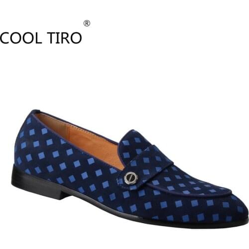 COOL TIRO New 2020 Blue Suede Checkered Strap Mens Slip-On Loafers Slides Wedding Party Dress Prom Slippers Flat Shoes Casua