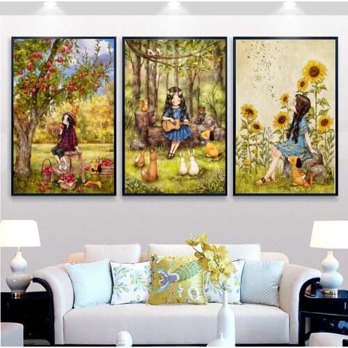 New Needlework,DMC Color Full Embroidery kit,cartoon Apple Sunflower Guitar angel girls Painted Pattern cross stitch Wall Decor