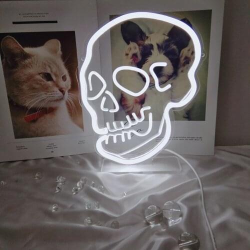 Skull Neon Sign 3D Art USB White Dimmable Switch Neon Sign with Stand Base for Living Room Shop Bar Sign Halloween Decoration