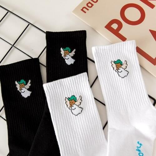 2021 Summer New Trendy Socks Golf Series Little Angel Printed Black White Socks Japanese Simple Men Women Socks Drop Shipping