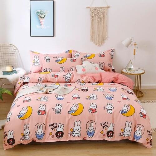 Cartoon Rabbit Bedding Set Simple Pink Animal Duvet Cover Sheet Set With Pillowcase Set Full Queen Size Kids Adults Bedclothes