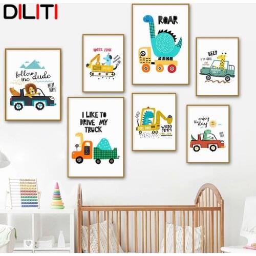 Cartoon Kids City Car Driver Canvas Painting Lion Dinosaur Giraffe Wall Art Print Nordic Print Pictures for Baby Kids Room