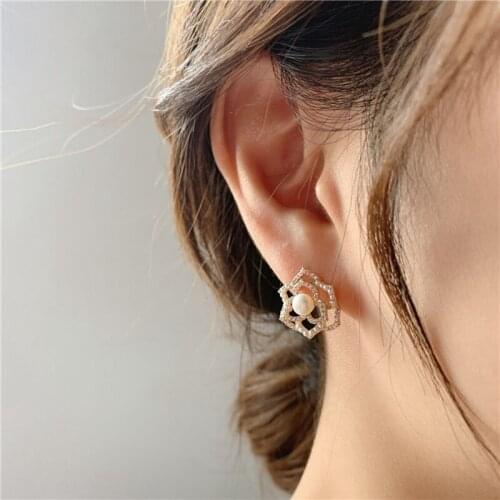 Besimpol Pearl Zircon Flower 925 Silver Stud Earrings Elegant Korean Geometric Sasanqua Earrings For Women Fine Jewelry Gifts