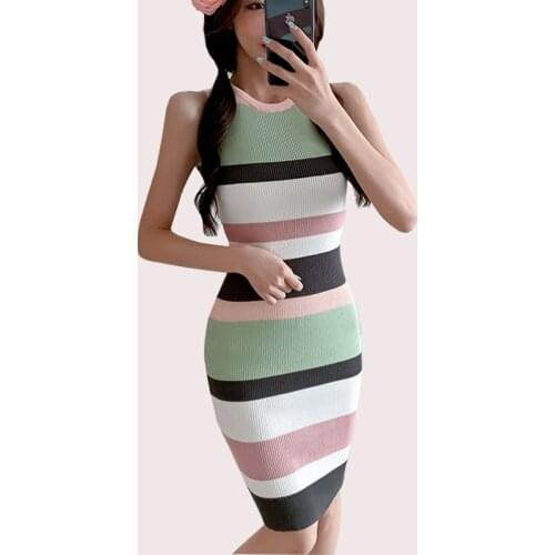 Knitted Dress 2021 Summer Sleveless O-neck Korean Fashion Package Hip Pencil Slim Bodycon Dress Striped Knit Midi Dresses Women