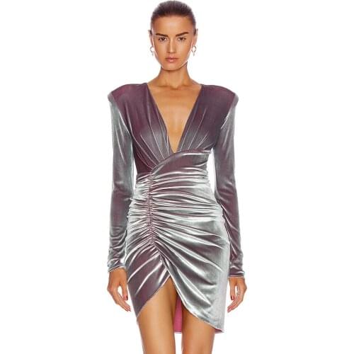 High Quality Sexy Deep V-Neck High Waist Bag Hip Folds Irregular Slit Long Sleeve Velvet Tight Dress Women 2021 Winter New Even