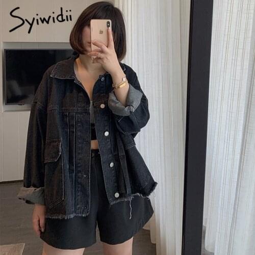 Syiwidii Denim Jacket Women Oversized Jeans Coats and Jackets 2021 Spring Fall Tassel Big Pockets Plus Size Clothes Blue Black