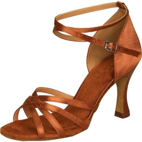 HXYOO Tan/Brown/Black/White Color Satin Women Girl Lady Ballroom Latin Dance Shoes Tango Salsa Party Shoes 4.5-8.5cm Heel ZC11