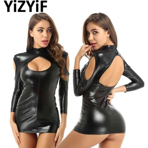 Womens Wet Look Patent Leather Dresses Sexy Clubwear Bodycon Mini Dress with G-string Briefs Sexy lingerie Evening Party Dancing