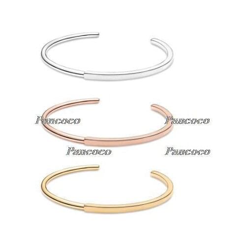 Authentic 925 Sterling Silver Bracelet Rose Gold Pan Signature I-D Bangle Fit Women Bead Charm Diy Pandora Jewelry