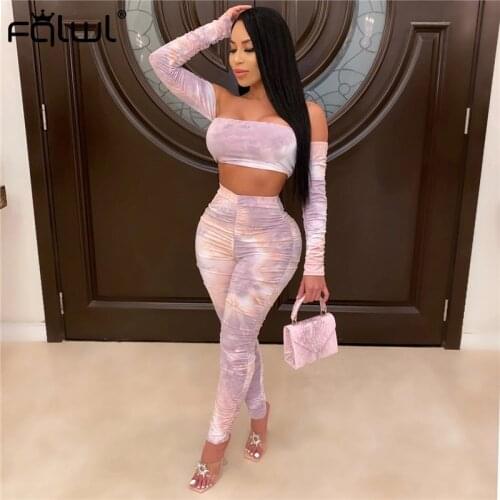 FQLWL Tie Dye Two Piece Set Women Summer Club Pink Outfits Long Sleeve Ruched Crop Top Stacked Pants Leggings Women Matching Set