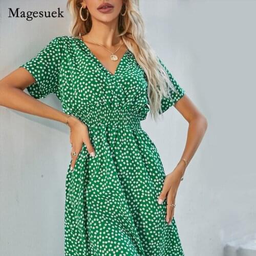 Sweet Summer Women Mini Dress Cotton Floral Print V-neck Elastic Waist Dress Women Casual Green Plus Size Dress Vestido 15018