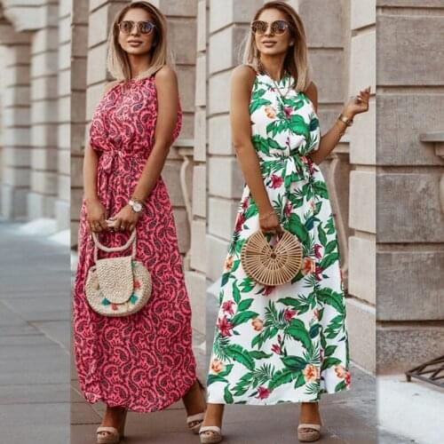 Women Summer Halter Maxi Dress Sexy Sleeveless Belt Floral Leaves Print Boho Beach Vacation Party Long Dresses Robe Sundress XXL