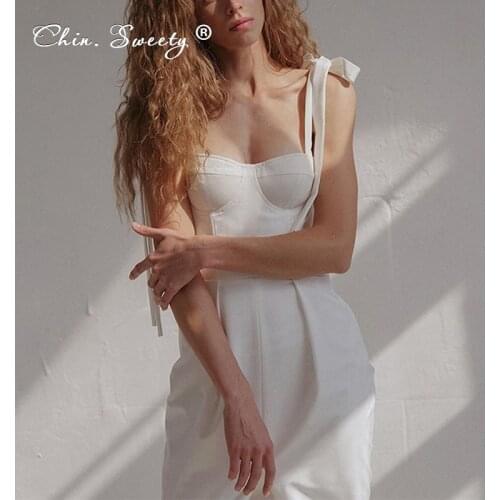 Womens White Midi Dress Sleeveless Sexy Shouders Knotted High Waist Spaghetti Strap Dresses Split 2021 Summer Elastic Clothes