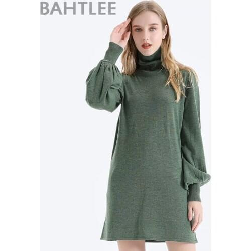 BAHTLEE Winter Women Wool Turtleneck Pullovers Sweater Knitted Long style Jumper Ruched Puff Sleeves Loose Preppy Style