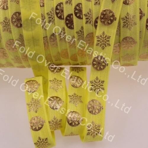 9 colors gold foil print fold over elastic ribbon printed with gold foil ball and snowflake 25/50/100yards per lot