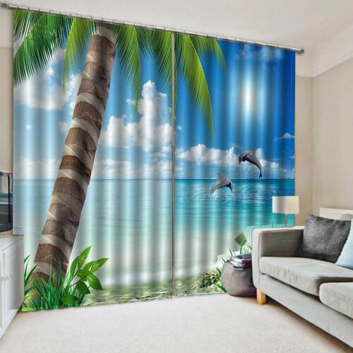 Customized 3d curtains new window balcony coconut tree thickened windshield blackout curtains beach dolphin print blue curtain