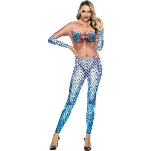 Fashion Sexy Women Mermaid Jumpsuits Cosplay Costume Slim Elastic Catsuits Party Clothing Bodysuit Halloween Jumpsuits