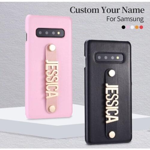 For Samsung Galaxy S8 S9 S10 Plus Note 8 9 A50 Custom Leather Phone Case Holding Strap Gold Metal Name Text Phone Funda Coque