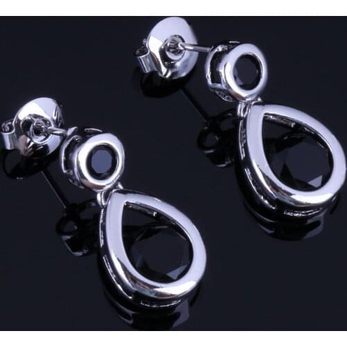 Lovely Water Drop Black Cubic Zirconia Silver Plated Drop Dangle Earrings V1036