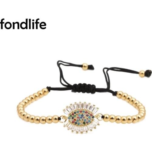 Multicolor Cubic Zirconia Stones Evil Eye Charm Bracelet Women Lady Gold-plated 4mm Copper Beads Cord Macrame Chic Jewelry Gift