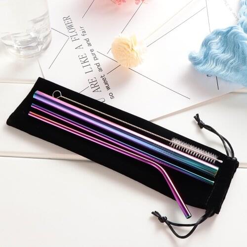 5pcs Reusable 304 Stainless Steel Straw Metal Smoothies Drinking Straight Straws Silicone Cover with Brush Bag Direct sales