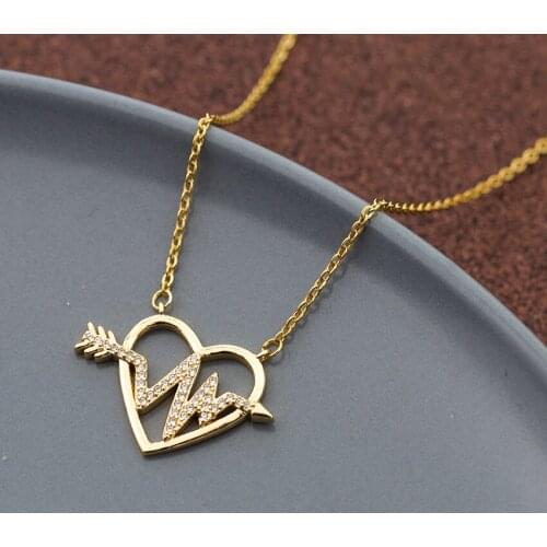 Fashion CZ Heart Statement Necklace Jewelry Gold Color Stainless Steel Ketting Crystal Wavy Arrow Pendant Necklace Bijoux Femme