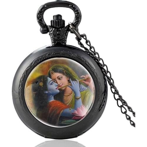 हिन्दू ध Radha Krishna Eternal Love Black Color Vintage Quartz Pocket Watch Men Women High Quality Pendant Necklace Hours Clock