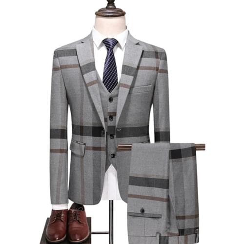 Mens Wedding Plaid Blue Gray Blazers Jacket Pants Vest 3 Pcs Set 202 Slim Fit Business Tuxedo Dress Classic Formal Suits Coat